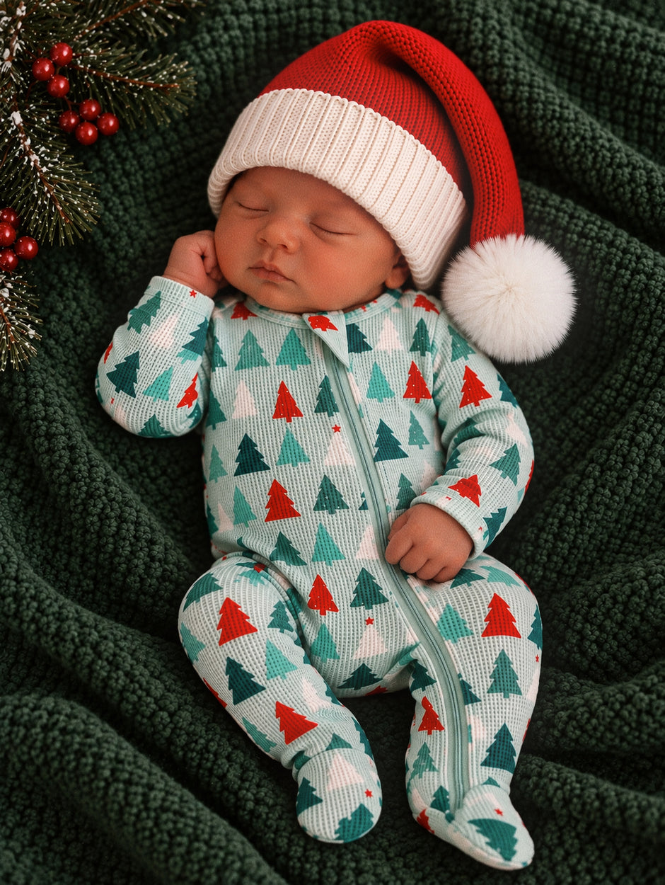 Sleeping baby in festive onesie with Christmas trees, wearing a red and white Santa hat, on a green blanket.