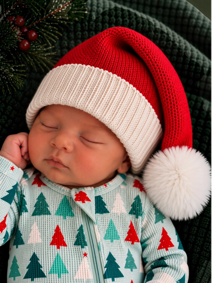 Sleeping baby in a festive Santa hat, surrounded by green fabric and holiday decorations.