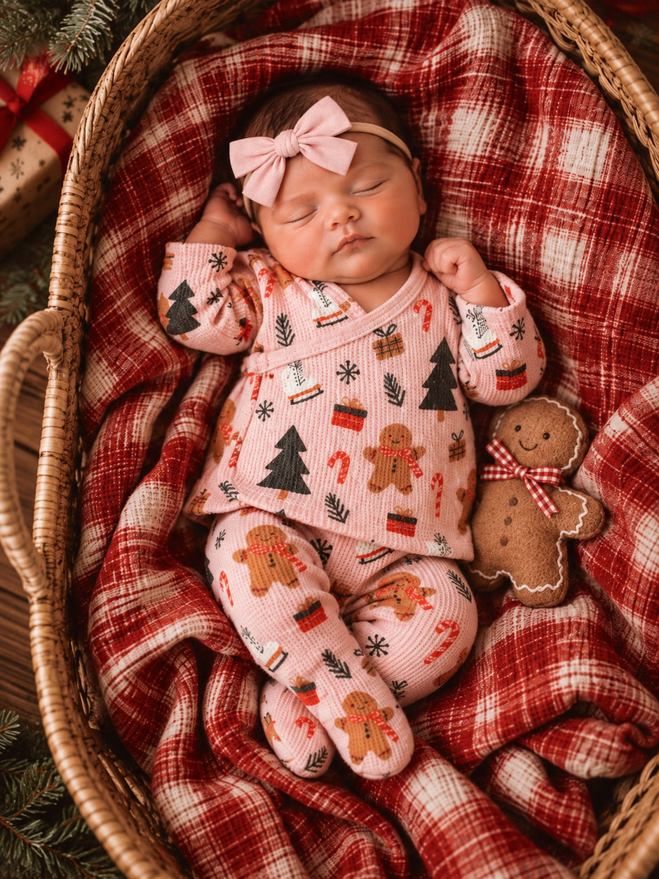 Organic Waffle Kimono & Pant Set, Gingerbread Wonderland Blush