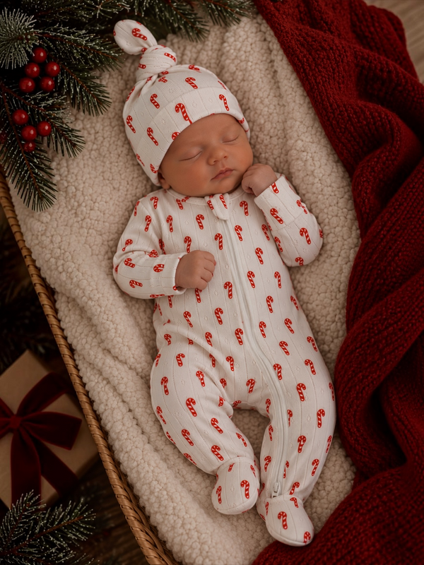 Sleeping baby in candy cane patterned pajamas, nestled in a cozy basket with blankets and holiday decorations.