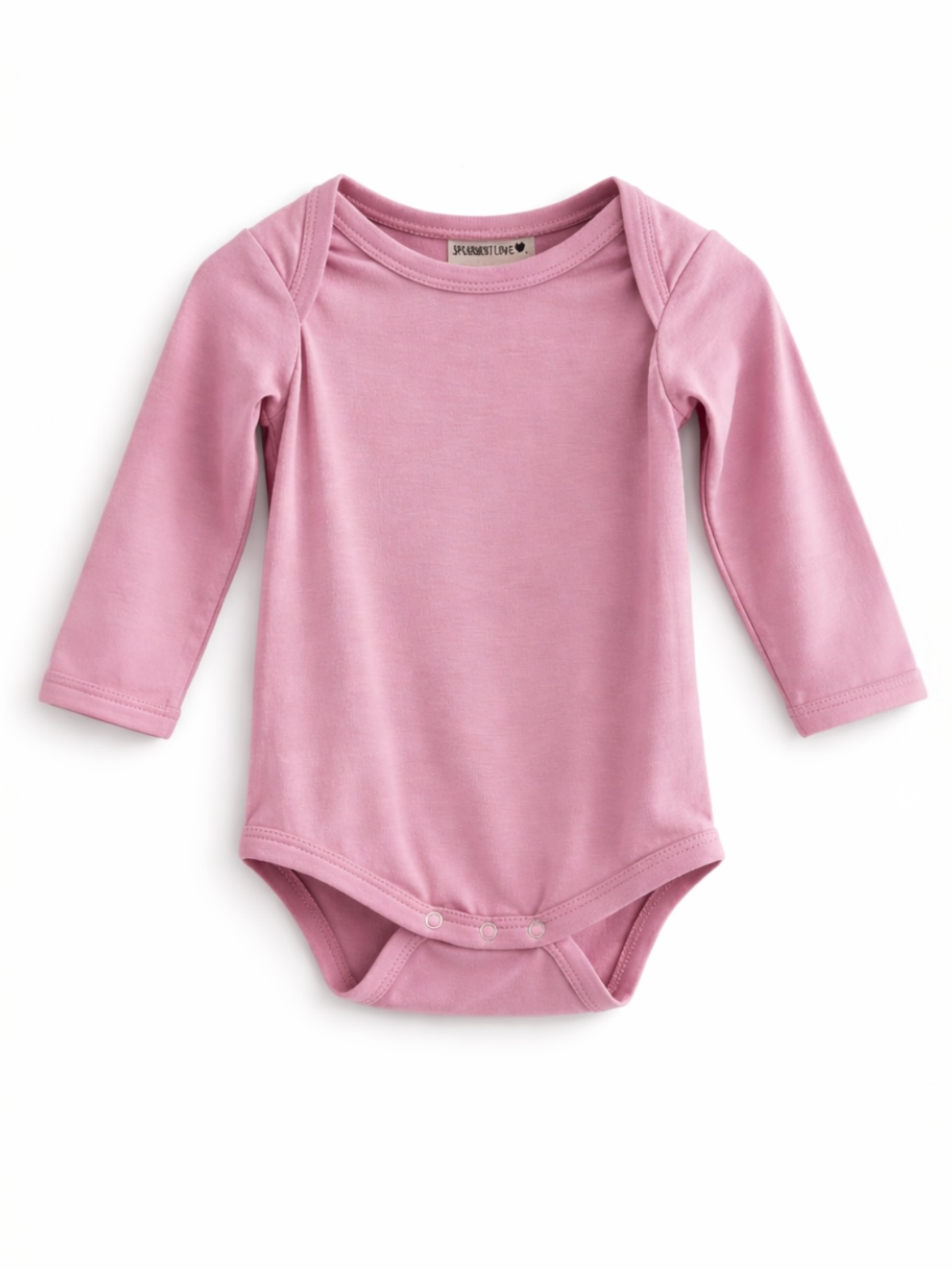 Light pink long-sleeve onesie with snap closure at the bottom, ideal for infants.