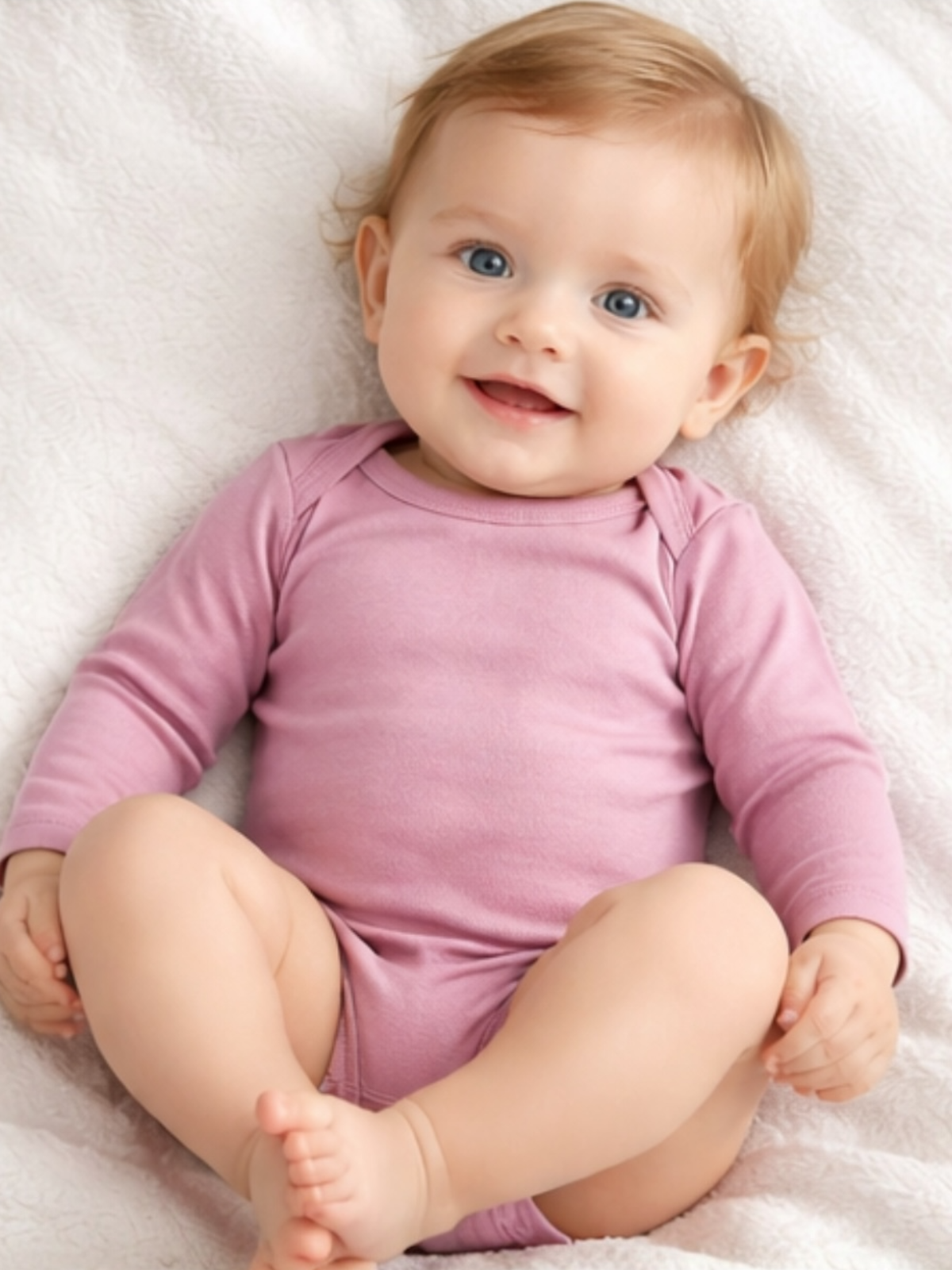 Smiling baby in a pink onesie sitting on a soft white blanket.