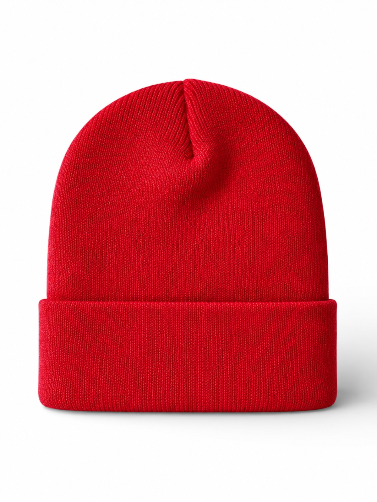 Red knitted beanie hat with a folded brim, displayed against a white background.