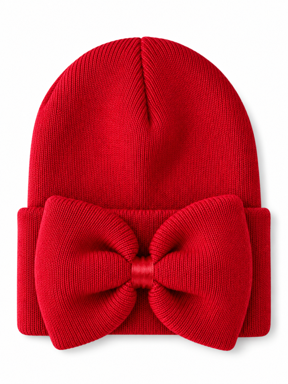 Red knit beanie with a large bow detail on the front. Perfect for stylish winter wear.