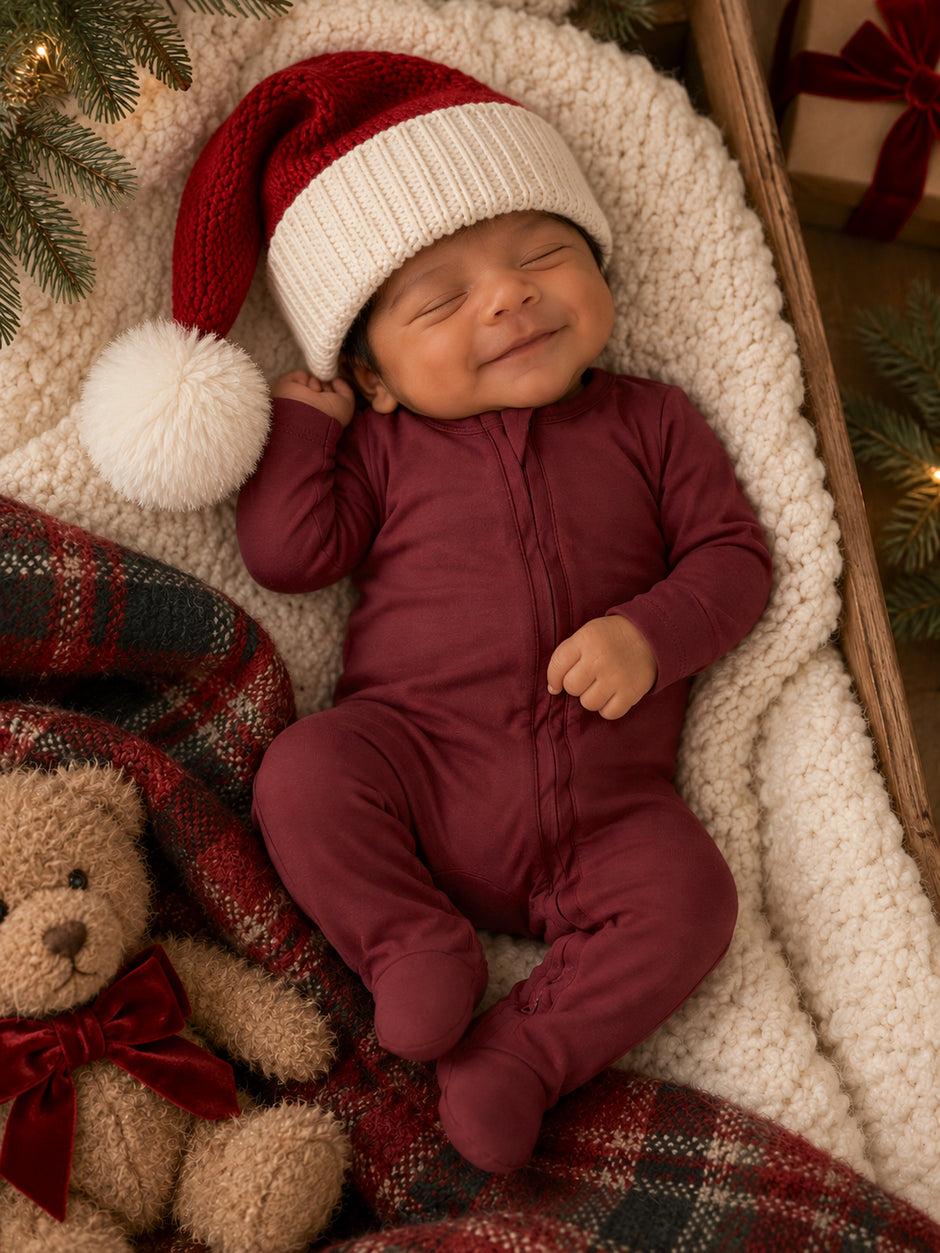 Smiling baby in a red and white hat, cuddled in a cozy blanket with a teddy bear nearby.