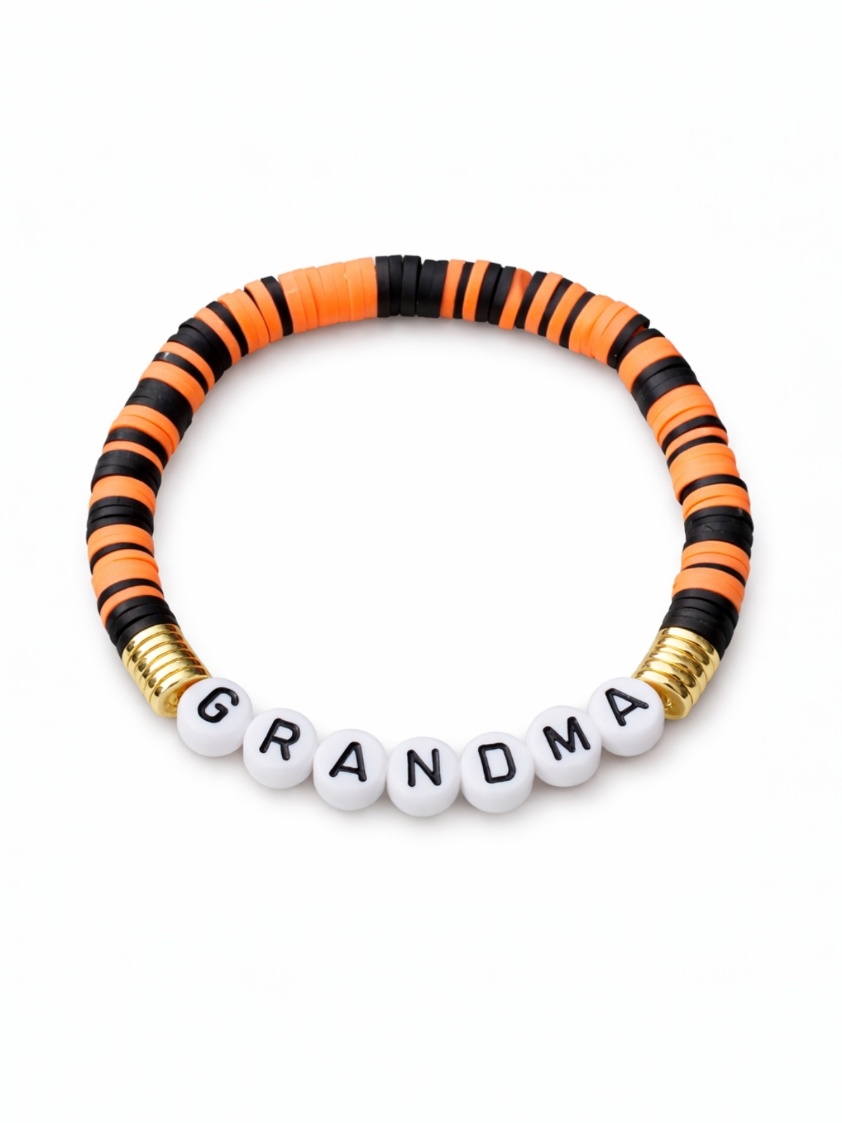 Colorful beaded bracelet with the word "GRANDMA" in white beads surrounded by orange and black discs.