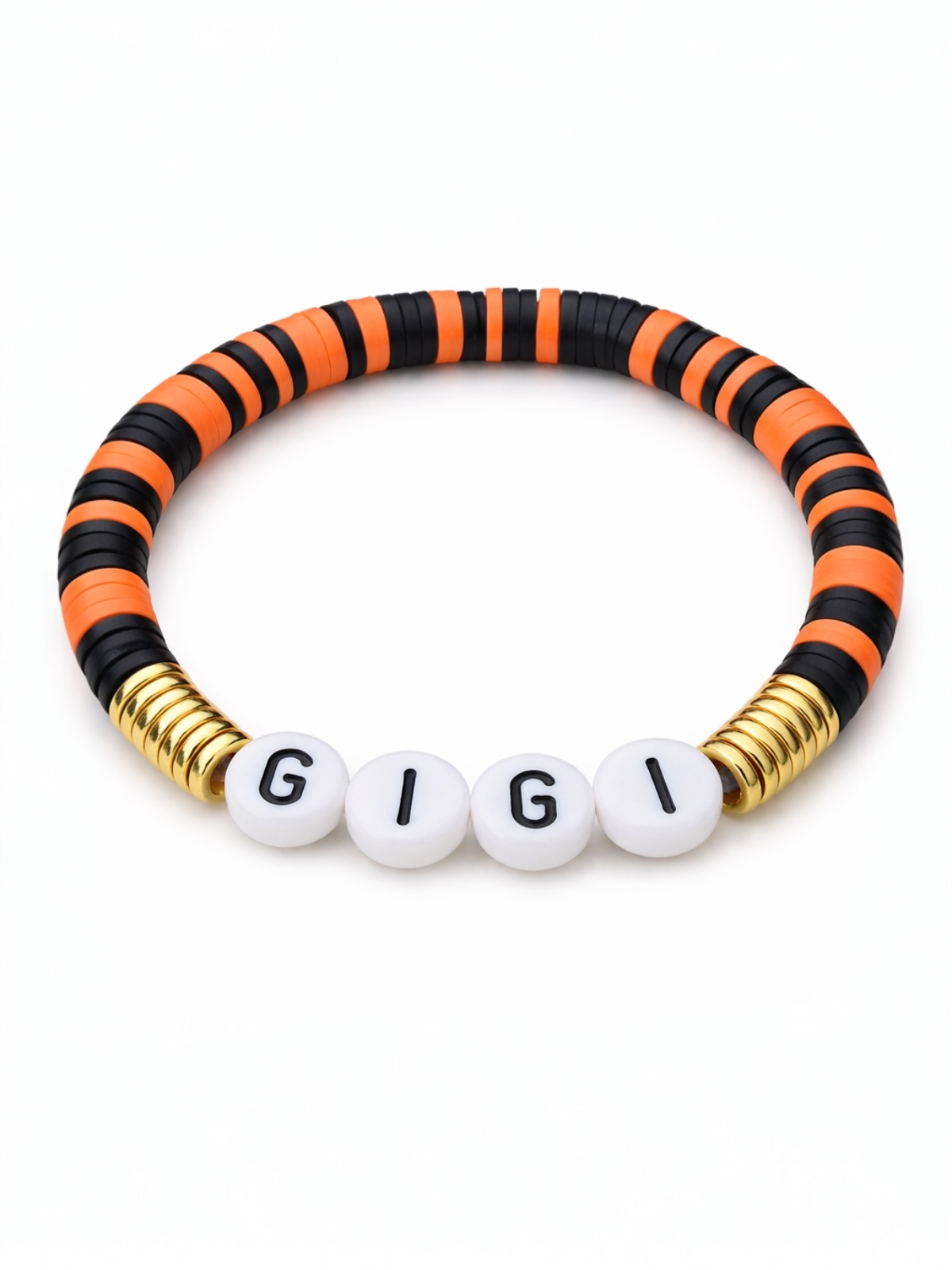 Colorful beaded bracelet featuring black, orange, and gold accents with the name "GIGI" displayed prominently.
