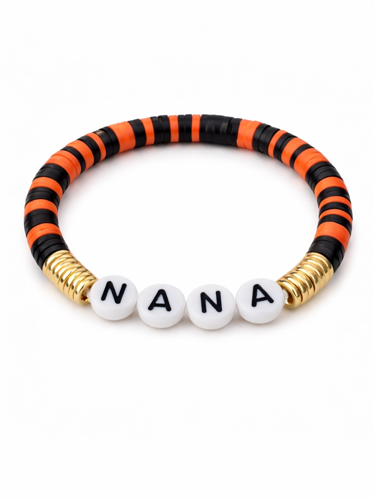 Colorful beaded bracelet featuring the word "NANA" in white letters on a black and orange striped band.