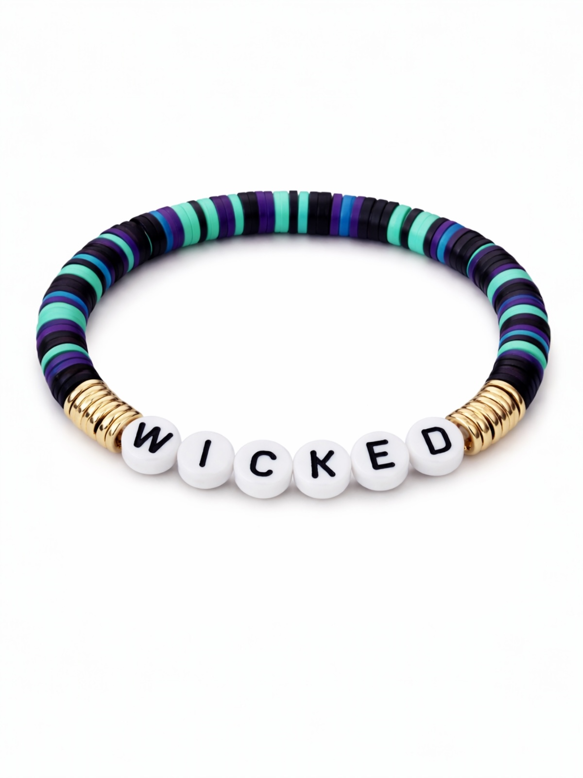 Colorful beaded bracelet with black and gold accents, featuring the word "WICKED" in white letters.