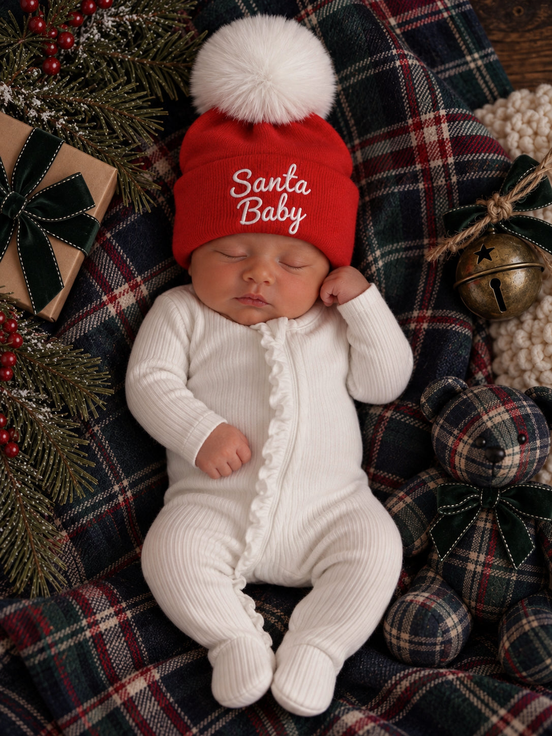 Baby wearing a "Santa Baby" hat, sleeping on a cozy blanket with holiday decorations.