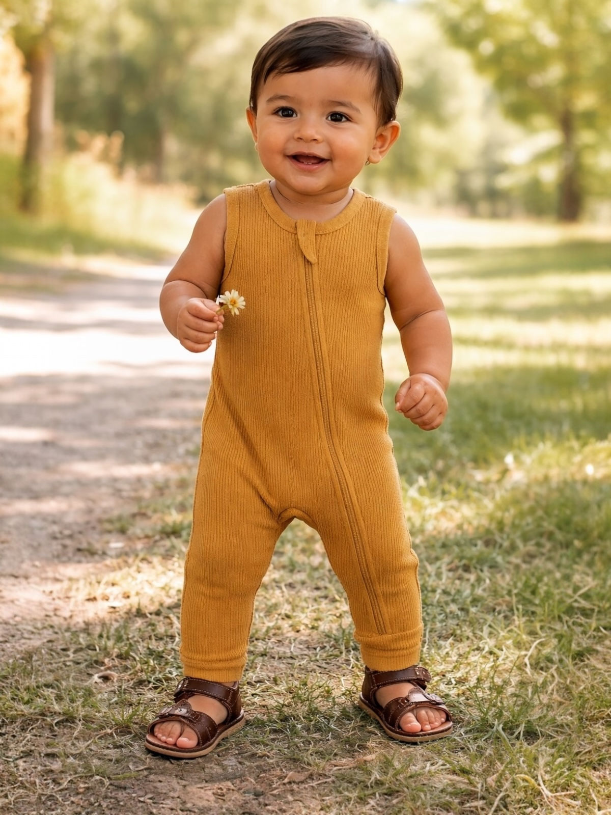 Smiling toddler in a mustard jumpsuit holding a daisy, standing on a path with greenery in the background.