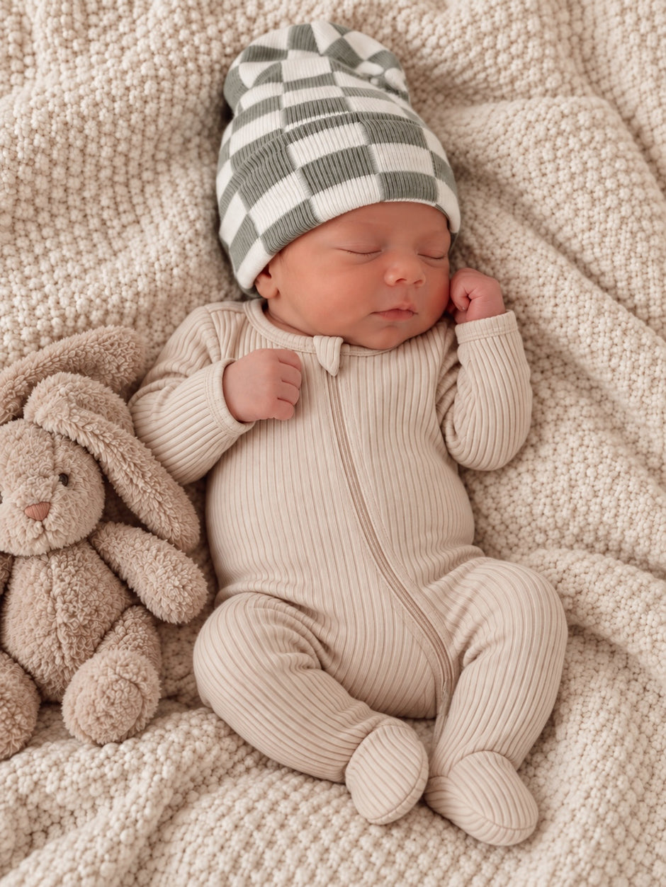Newborn baby asleep in cozy outfit and beanie, next to a plush bunny on a soft blanket.