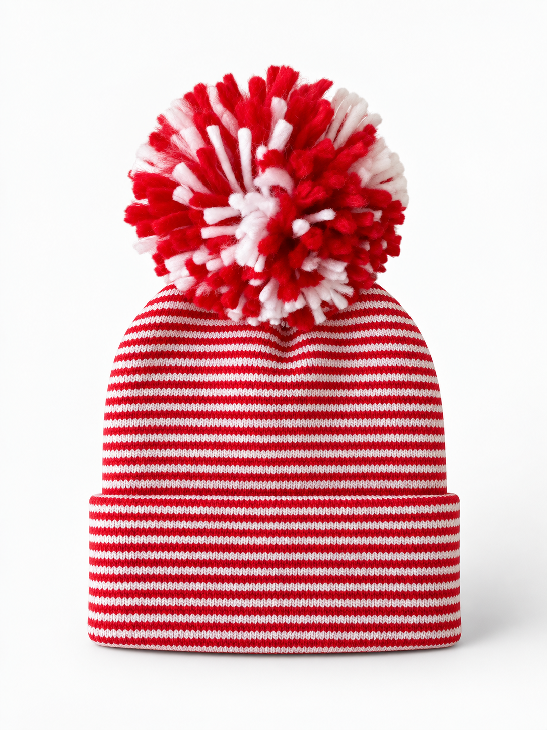 Red and white striped knit beanie with a large pom-pom on top, ideal for winter fashion.