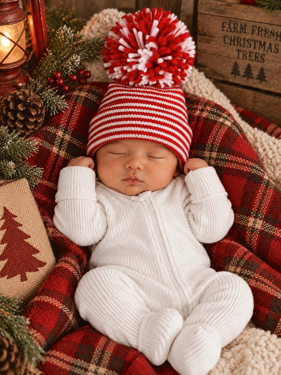 A sleeping baby in a red and white striped beanie, snuggled in a festive blanket with holiday decorations.