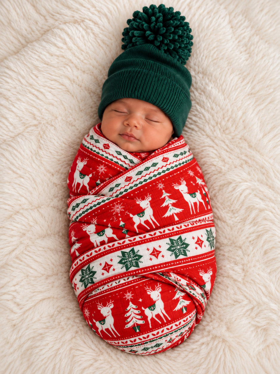 Newborn swaddled in festive red pattern with reindeer, wearing a green pom-pom hat, resting on a plush white blanket.
