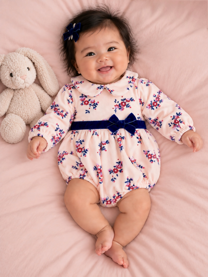 Smiling baby in a floral outfit with a blue bow, cuddling a soft bunny on a pink blanket.