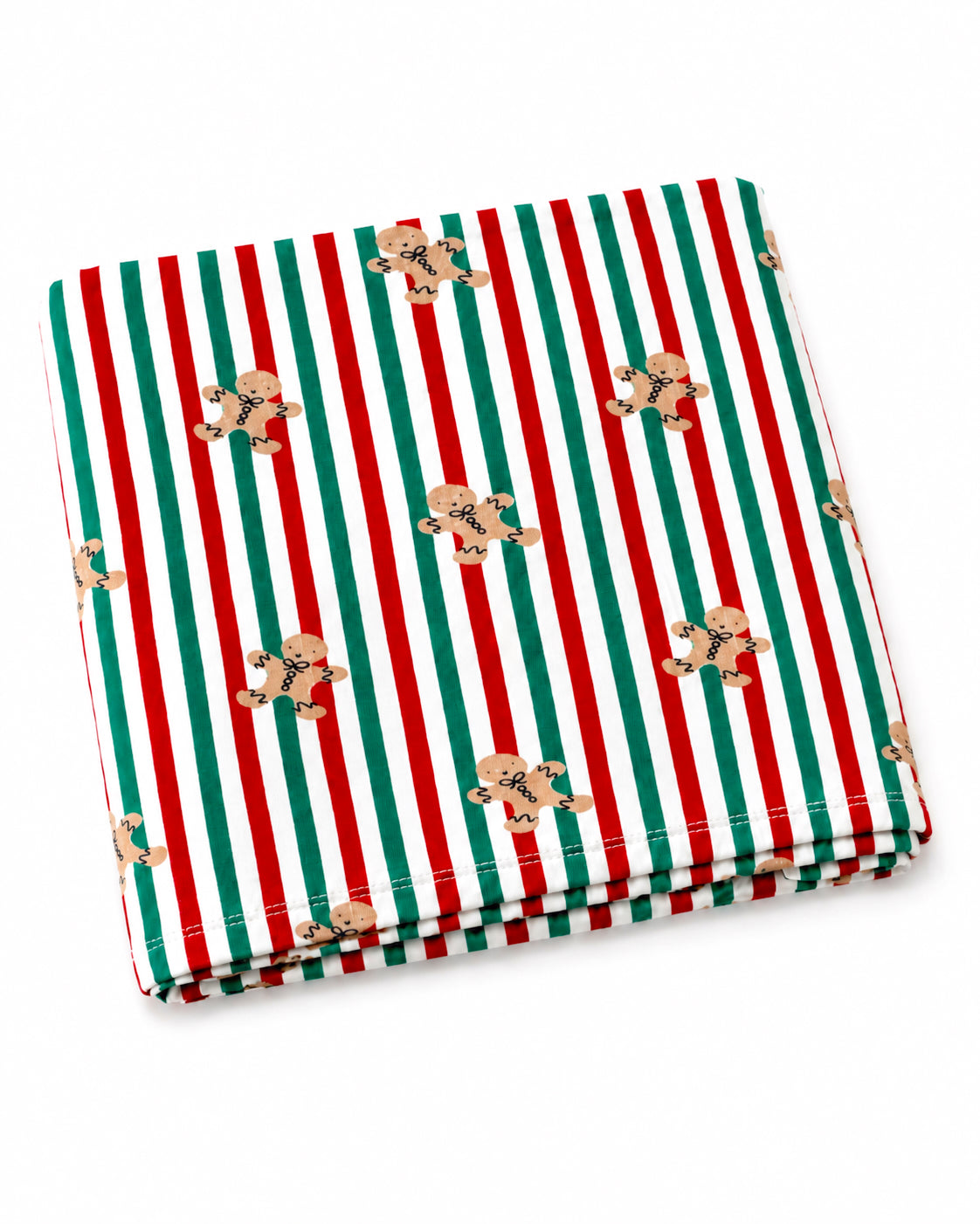 Red and green striped blanket featuring gingerbread cookie patterns.