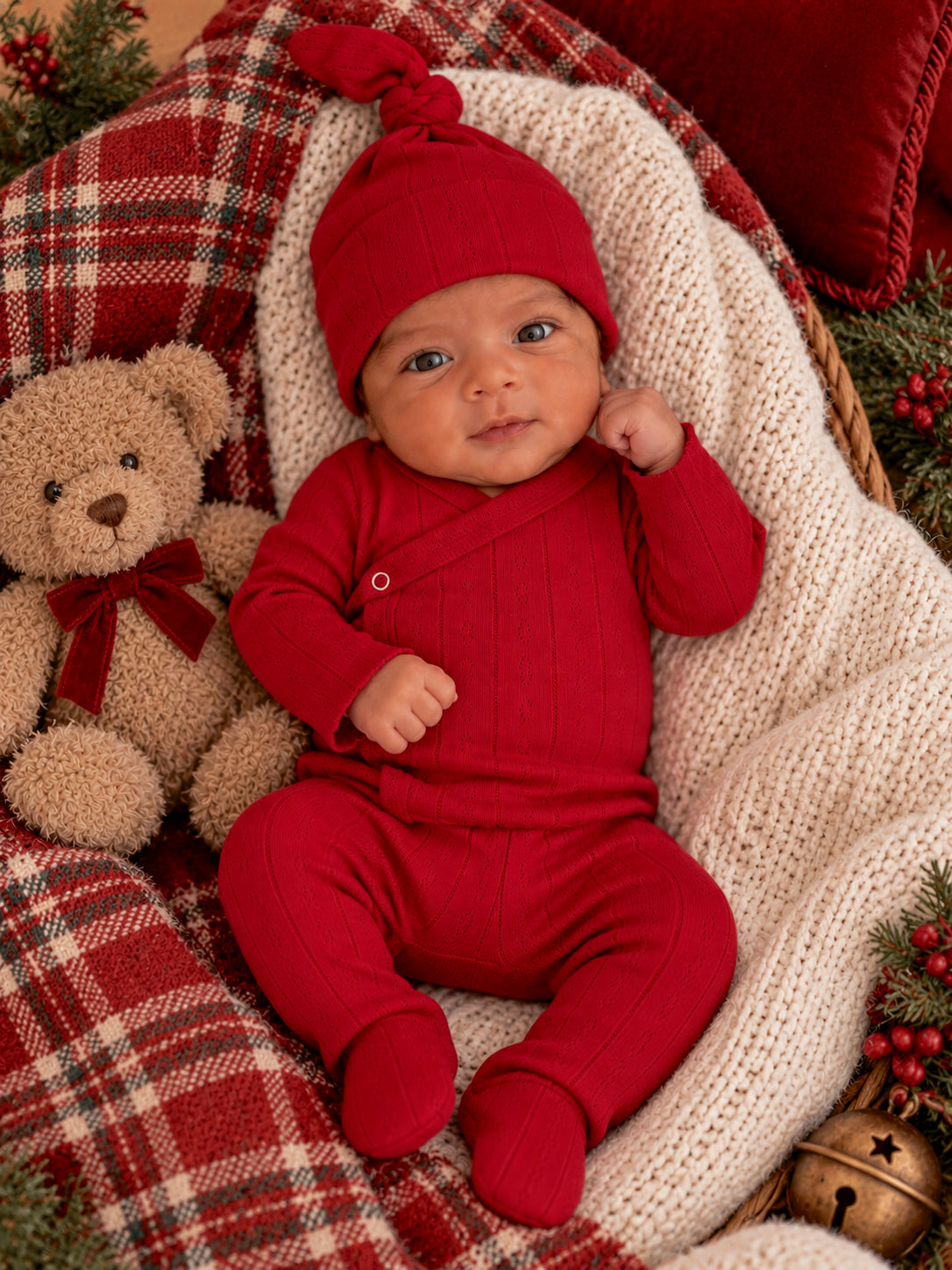 Infant in a red outfit and hat sits with a teddy bear on a cozy blanket amidst festive decor.