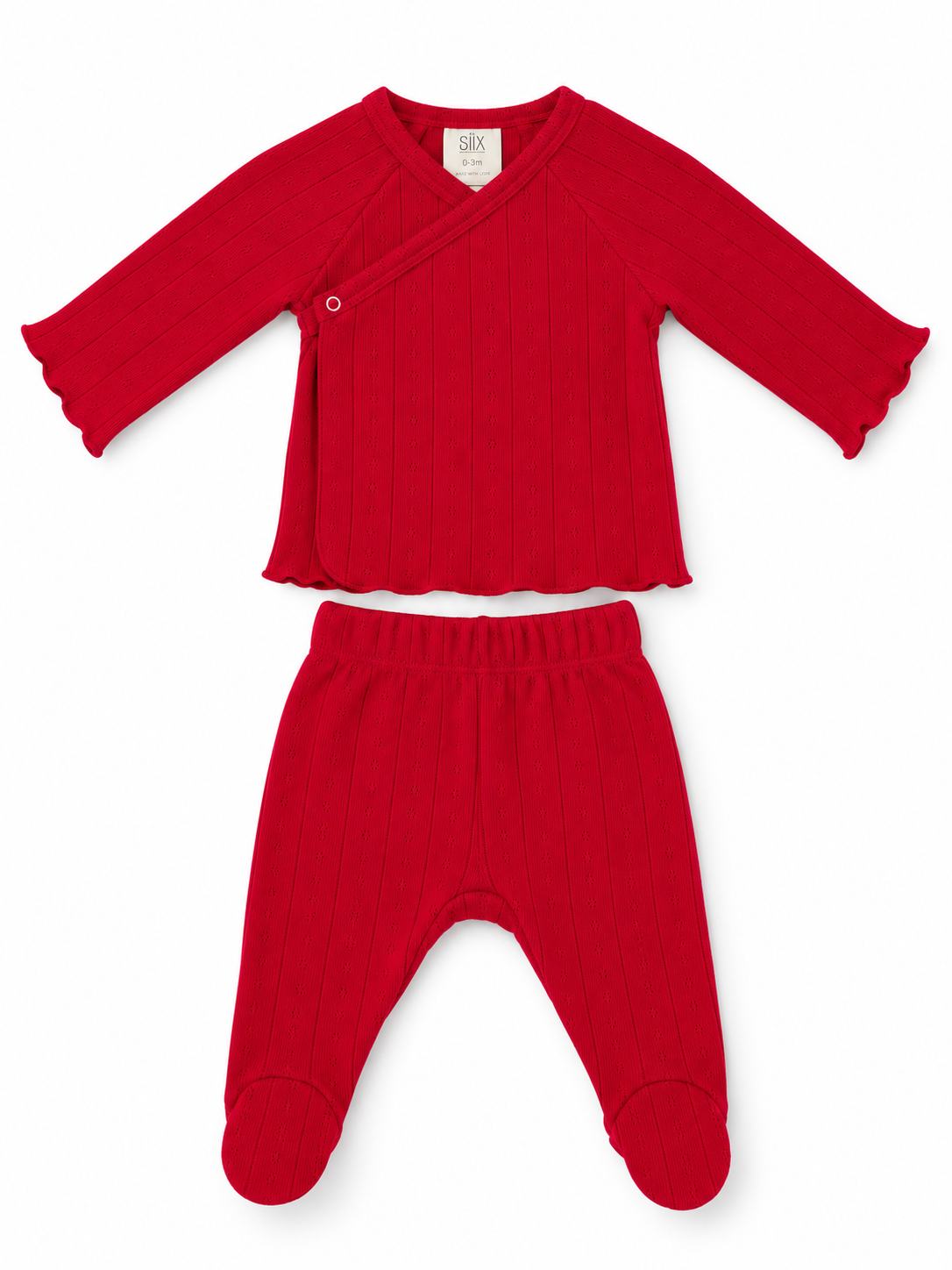 Red ribbed baby outfit featuring a wrap top and footed pants, designed for infants 0-3 months.