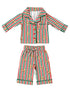Red and green striped children's pajamas with gingerbread patterns. Includes a button-up top and matching pants.