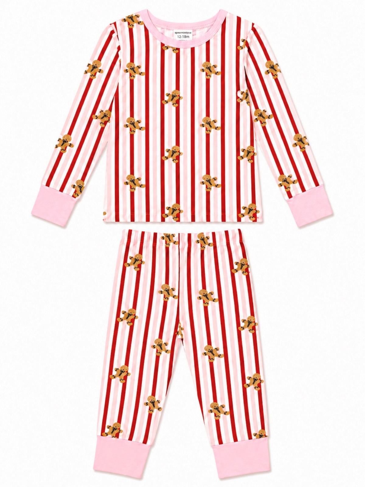 Red and pink striped pajamas with gingerbread cookie patterns for infants, featuring long sleeves and matching pants.