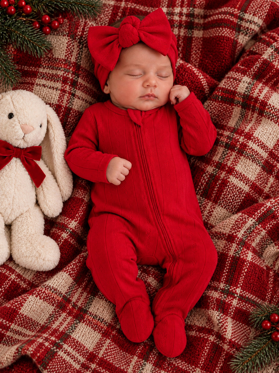 Sleeping baby in red outfit on plaid blanket, with a stuffed bunny nearby and greenery accents.