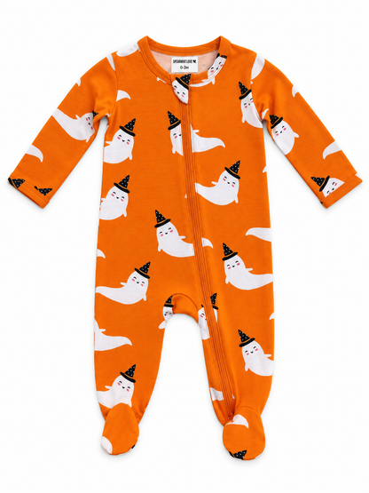 Orange baby onesie with playful ghost and witch hat patterns, featuring a front zipper and footed design.