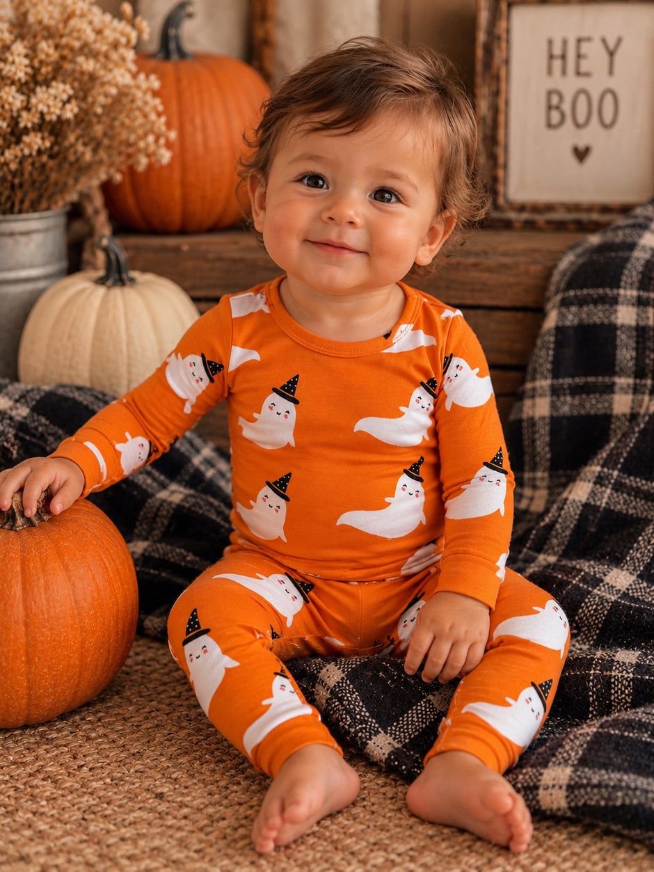 Smiling toddler in orange ghost-patterned pajamas, sitting by pumpkins and a cozy blanket, with a "Hey Boo" sign in background.