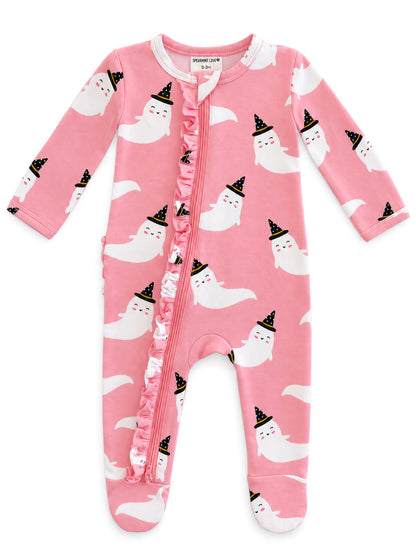 Pink baby onesie with ghost and party hat patterns, featuring front zipper and ruffled detail.