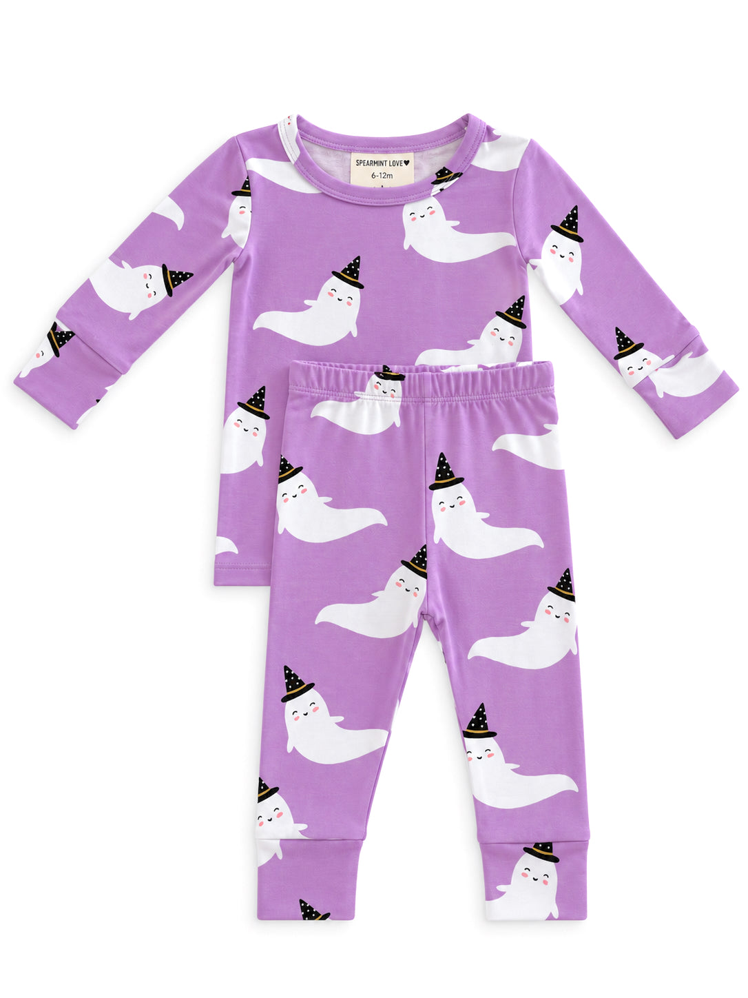 Purple toddler pajamas featuring playful ghost designs with party hats.