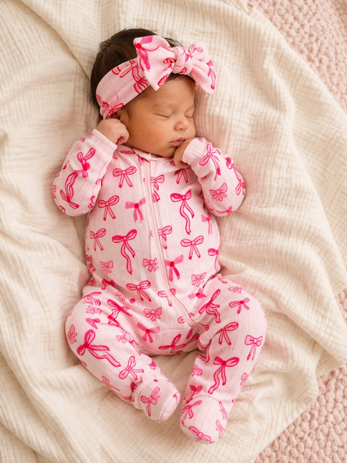 Newborn baby girl sleeping on a soft blanket, wearing a pink outfit with bow patterns and a matching headband.
