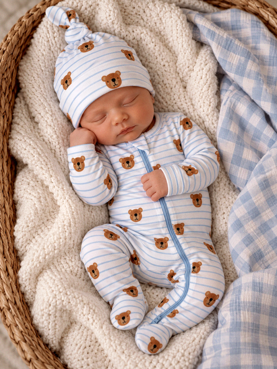 Blue Bear Stripe / Organic Cotton 2-Way Zip Footie