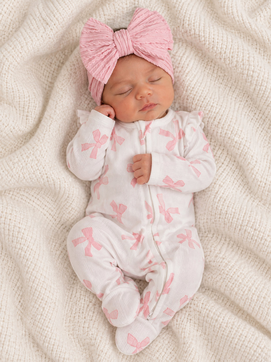 Ribbed Ruffle Sleeve 2-Way Zip Footie, Pretty Bows