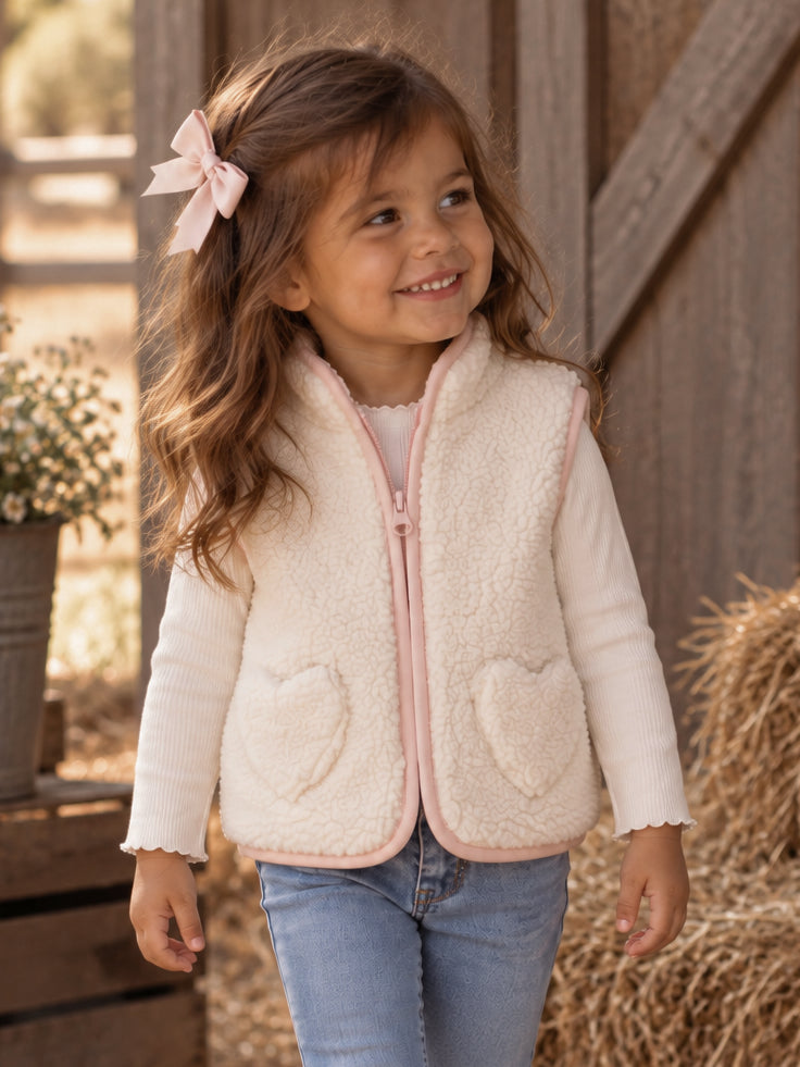 Sherpa Zip Vest with Heart Pockets, Pink