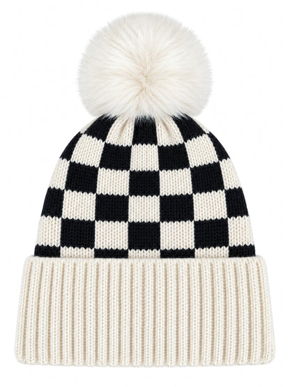 Checkerboard Fur Pom Hat, Cream