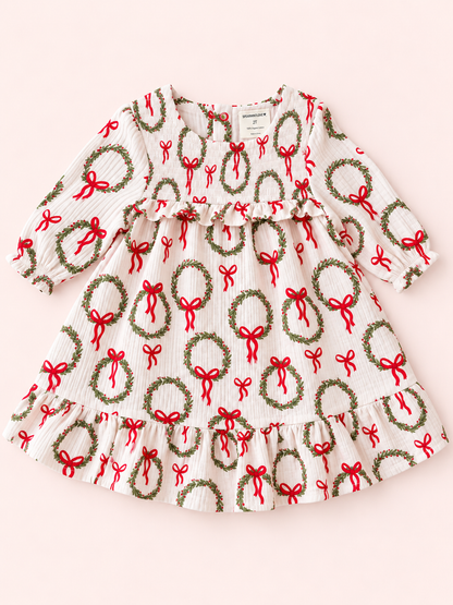 Smocked Ruffle Tiered Dress, Pink Wreath