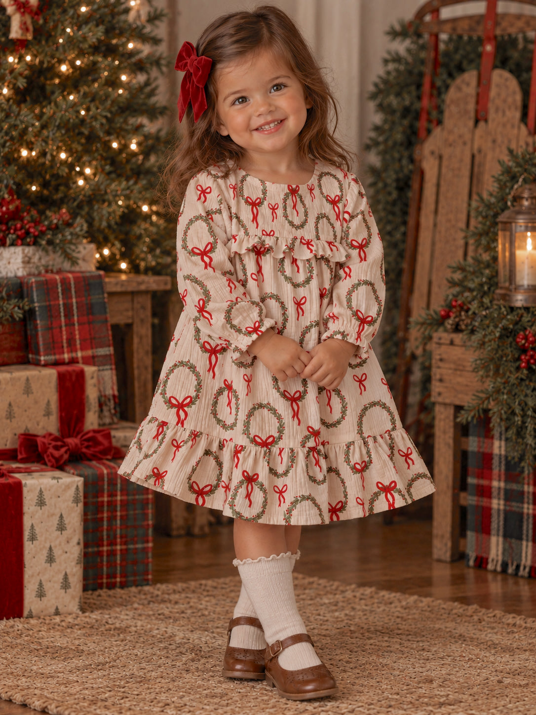 Smocked Ruffle Tiered Dress, Pink Wreath