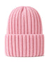 Pink knitted beanie hat with ribbed texture, displayed upright on a white background.