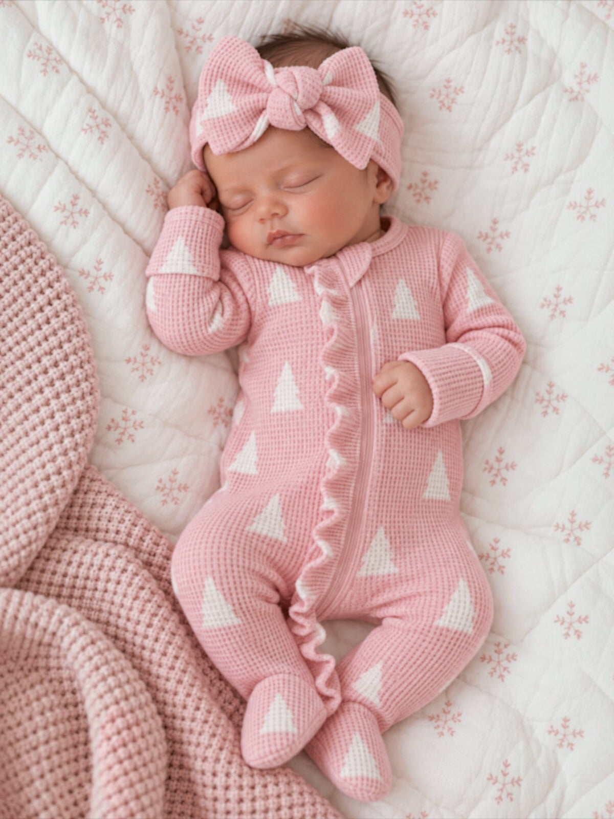 Organic Waffle Ruffle Zip Footie, Pink Christmas Trees