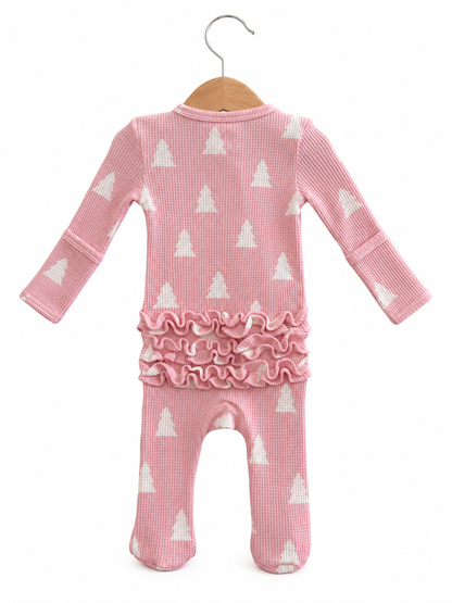 Organic Waffle Ruffle Zip Footie, Pink Christmas Trees