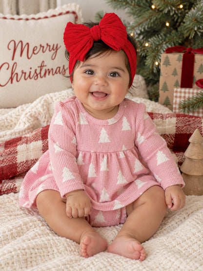 Organic Waffle Simple Dress & Bloomer, Pink Christmas Trees