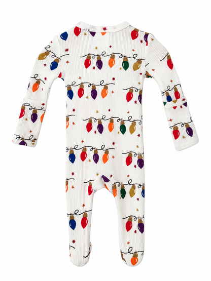 Organic Waffle Basic Zip Footie, Christmas Lights