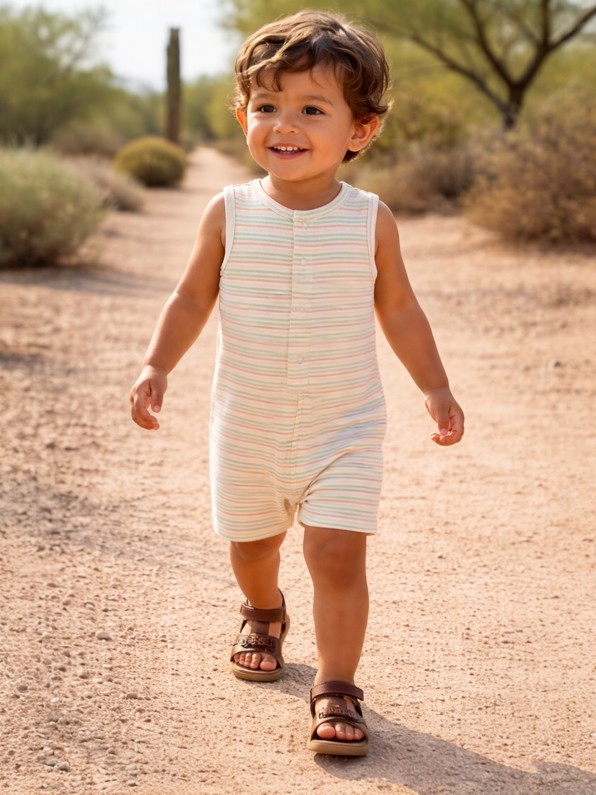 Smiling child in a striped romper walks confidently along a dirt path surrounded by desert vegetation.