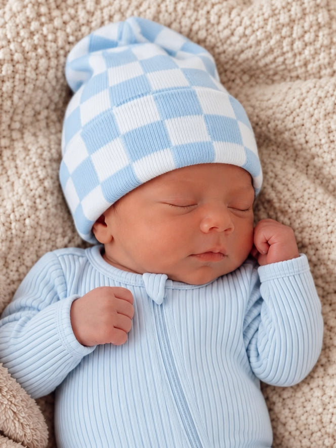 Baby's First Hat®, Baby Blue/Warm White Checkerboard