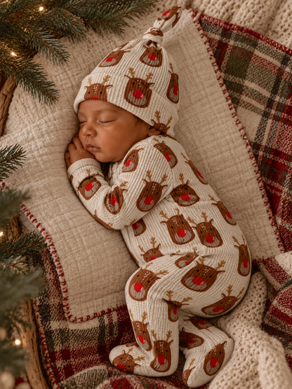 Organic Waffle Basic Zip Footie, Reindeer