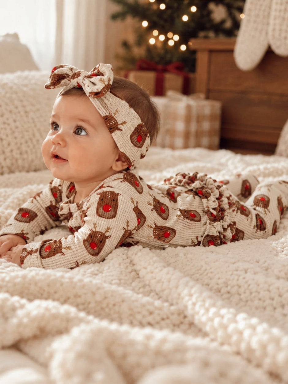 Organic Waffle Ruffle Zip Footie, Reindeer