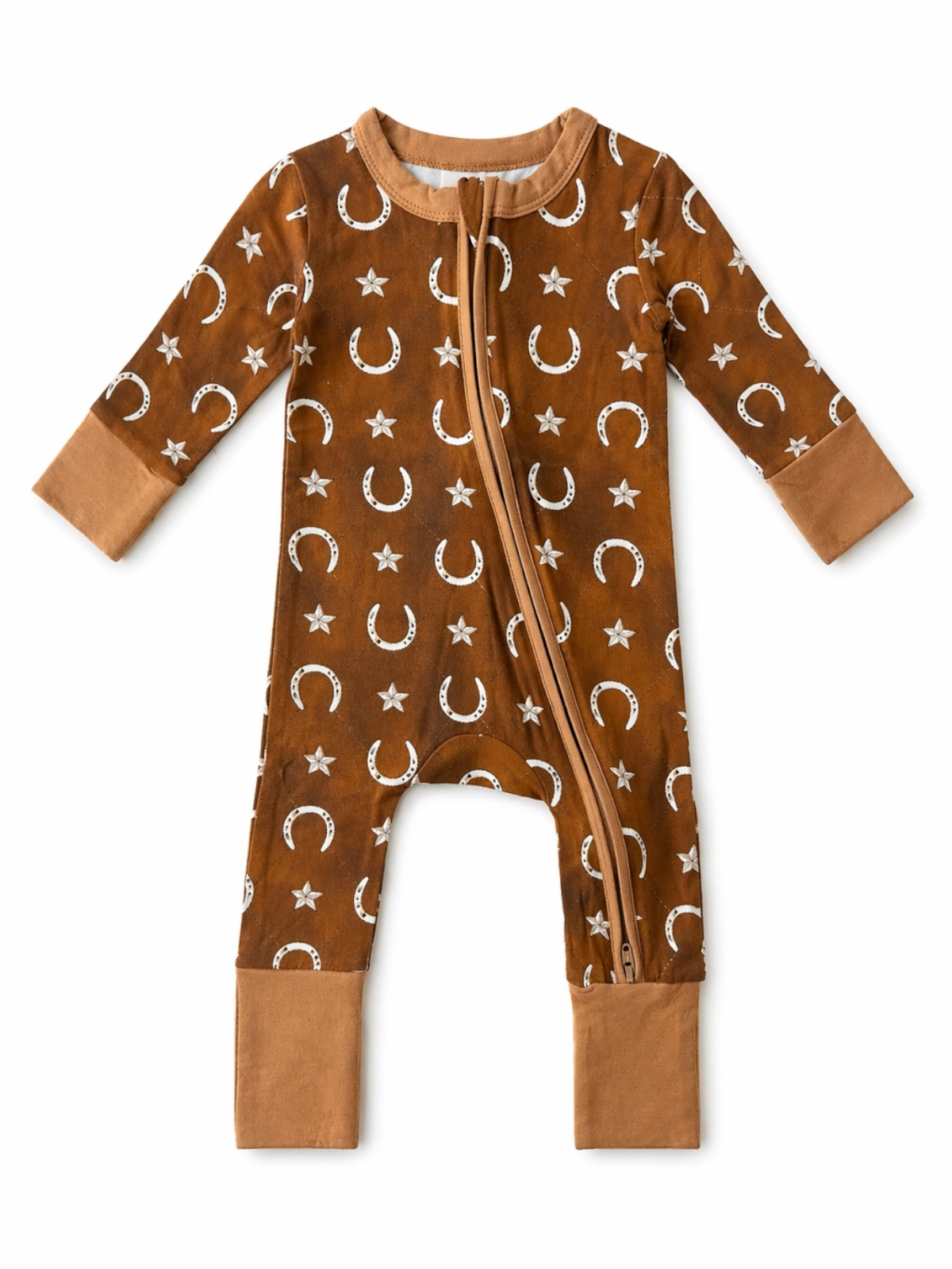 Brown zip-up onesie with stars and horseshoe pattern, featuring long sleeves and ankle cuffs. Perfect for infants.