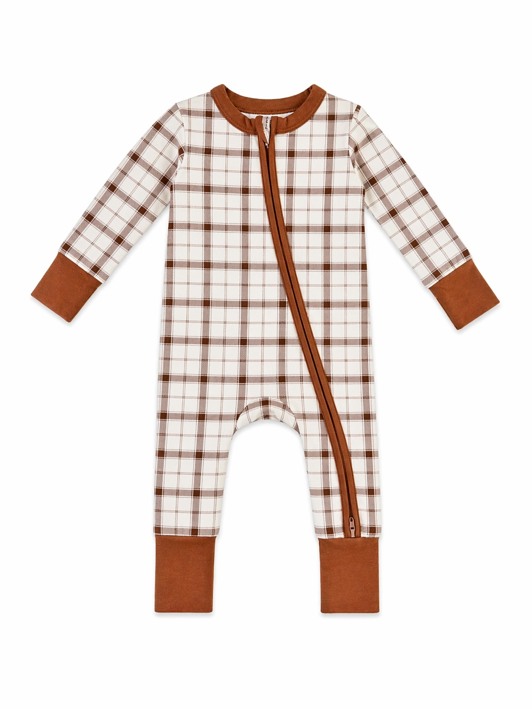 Brown and white plaid infant onesie with a front zipper and long sleeves.