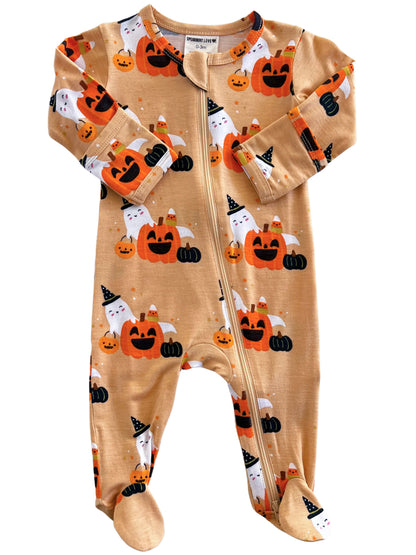 Pumpkin and ghost-themed baby onesie with a zipper, perfect for Halloween.