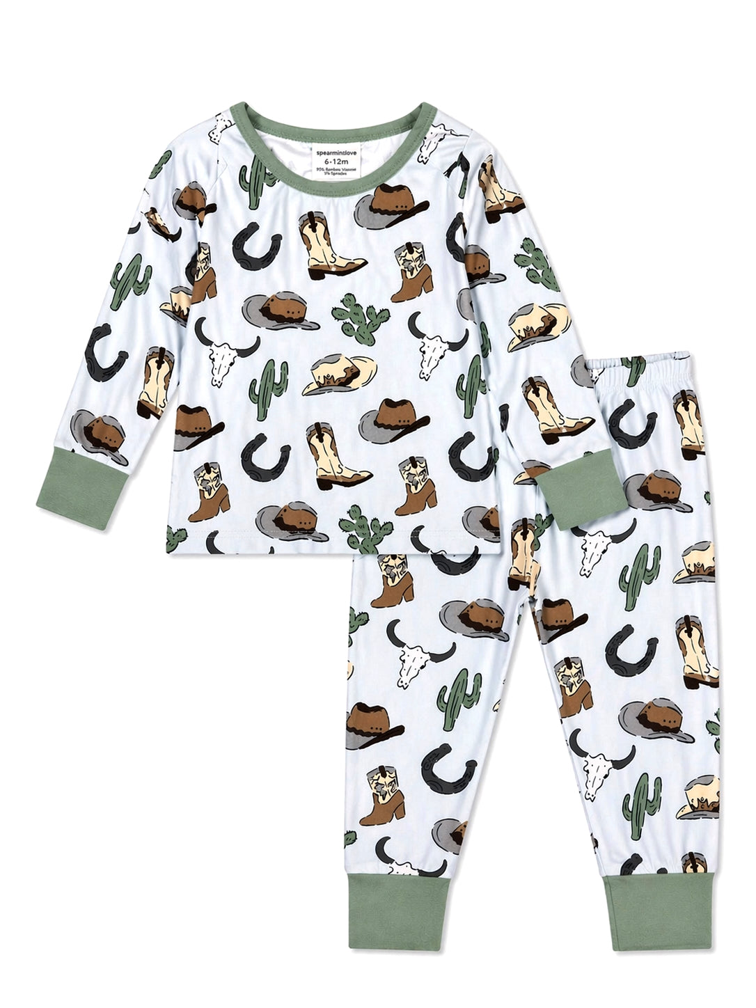 Cowboy-themed kids' pajamas with boots, hats, and cacti patterns on a light background.